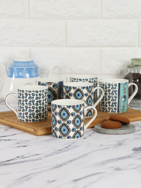 India Circus by Krsnaa Mehta 6 Pieces White & Blue Printed Coffee Mugs