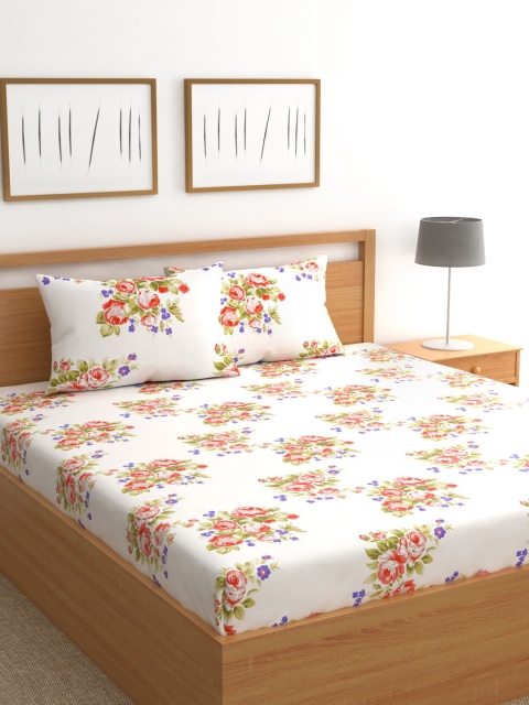 Raymond Home White Floral 200 TC Cotton 1 King Bedsheet with 2 Pillow Covers