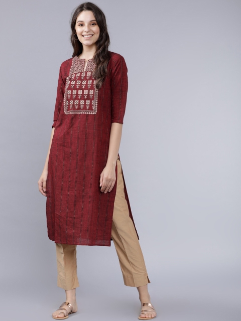 Vishudh Women Maroon Yoke Design Straight Kurta