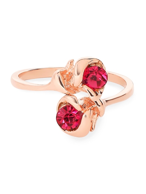 Mahi Rose Gold-Plated Red Crystal-Studded Adjustable Finger Ring