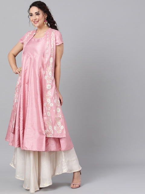 AKS Couture Women Pink & Off-White Embroidered Layered Anarkali Kurta