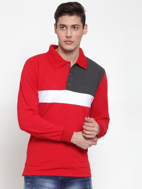 Kalt Men Red & Charcoal Grey Colourblocked Polo Collar T-shirt