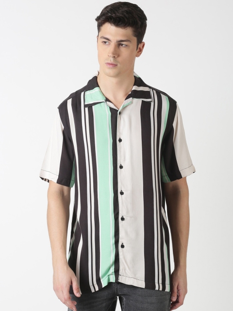 Blue Saint Men Black & Off-White Slim Fit Striped Casual Shirt
