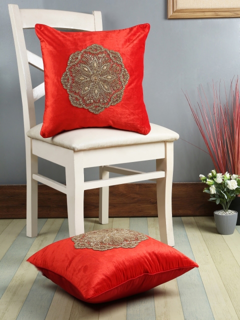 eyda Orange Set of 2 Embellished Square Velvet Cushion Covers