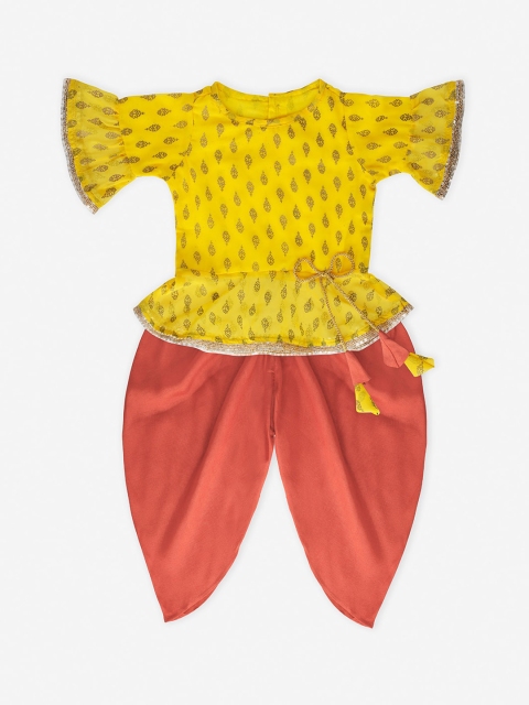 The Magic Wand Girls Yellow & Rust Brown Embellished Top with Dhoti Pants