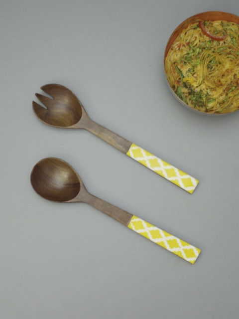nestroots Yellow & Brown Printed 2 Pieces Wooden Salad Spoons