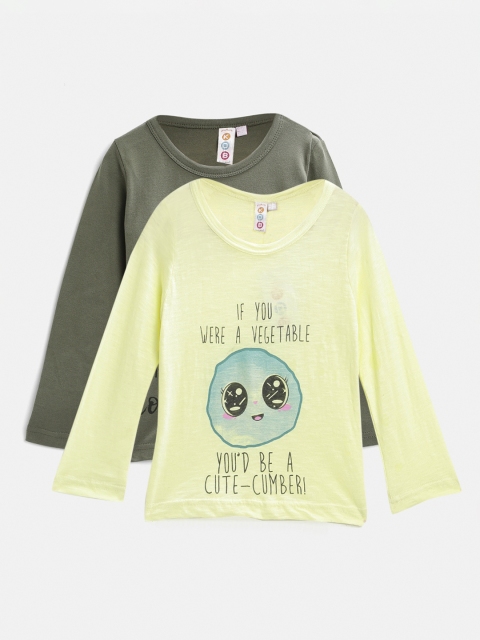 Kids On Board Girls Olive Green & Yellow Pack of 2 Printed T-shirt