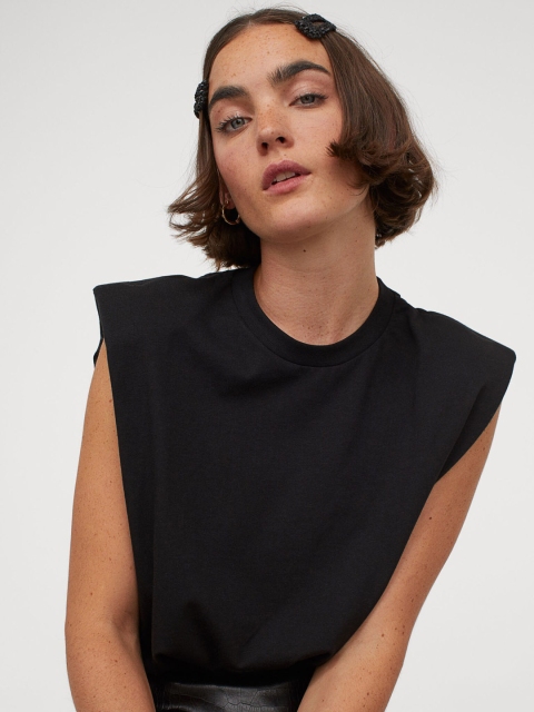 H&M Women Black Solid Shoulder Pad T-shirt