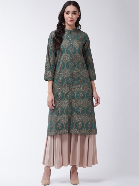 InWeave Women Green & Gold-Toned Printed Straight Kurta