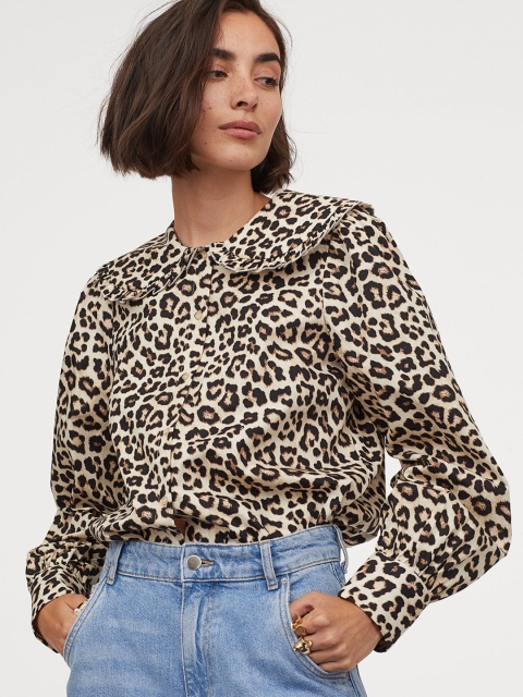 H&M Beige Large-collared Pure Cotton Blouse, Multi