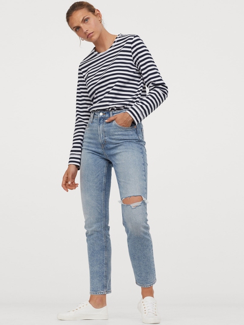 H&M Women White & Navy Blue Striped Cotton Jersey T-shirt