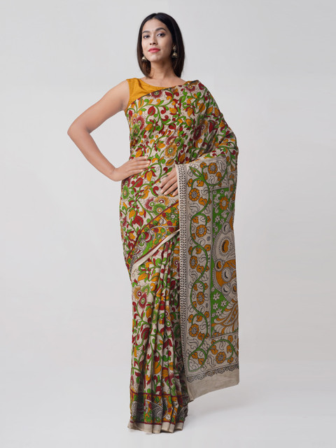 Unnati Silks Cream-Coloured & Green Pure Kalamkari Cotton Saree
Unnati Silks Cream-Coloured & Green Pure Kalamkari Cotton Saree