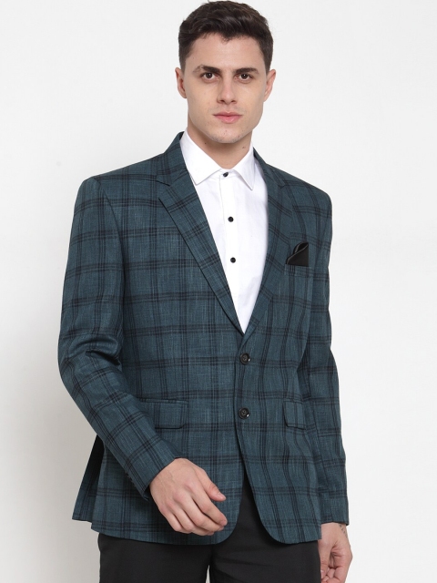 MAXENCE Men Teal Green Checked Slim-Fit Single-Breasted Formal Blazer