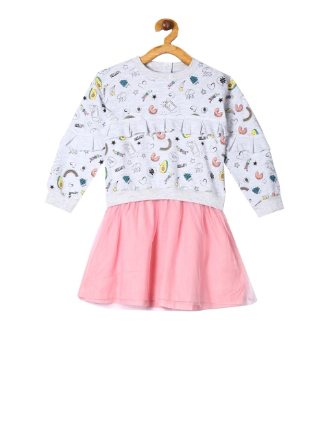 Cherokee Girls Grey & Pink Printed Drop-Waist Dress