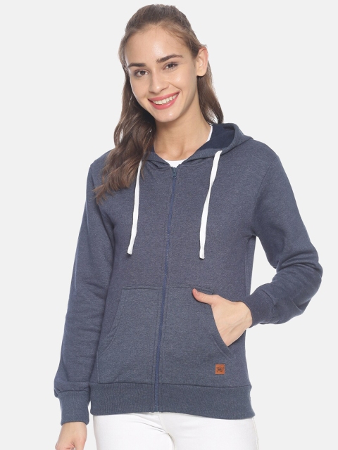 Campus Sutra Women Blue Solid Hooded Sweatshirt