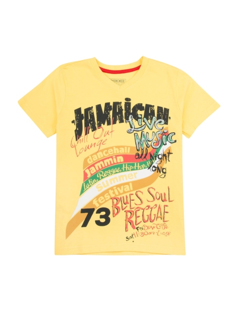 Cherokee Boys Yellow Printed V-Neck Pure Cotton T-shirt