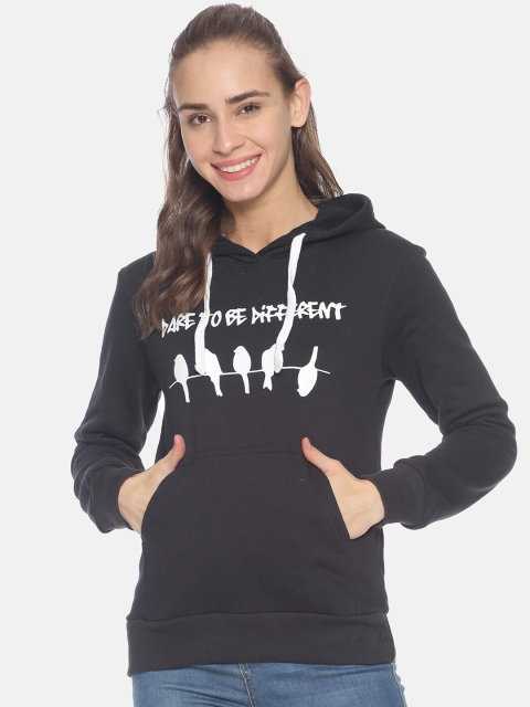 Campus Sutra Women Black Printed Hooded Sweatshirt