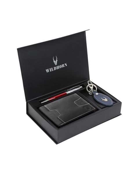 WildHorn Men Black & Blue RFID Protected Genuine Leather Accessory Gift Set