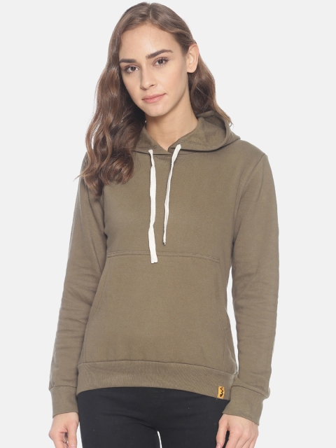 Campus Sutra Women Olive Green Solid Hooded Sweatshirt