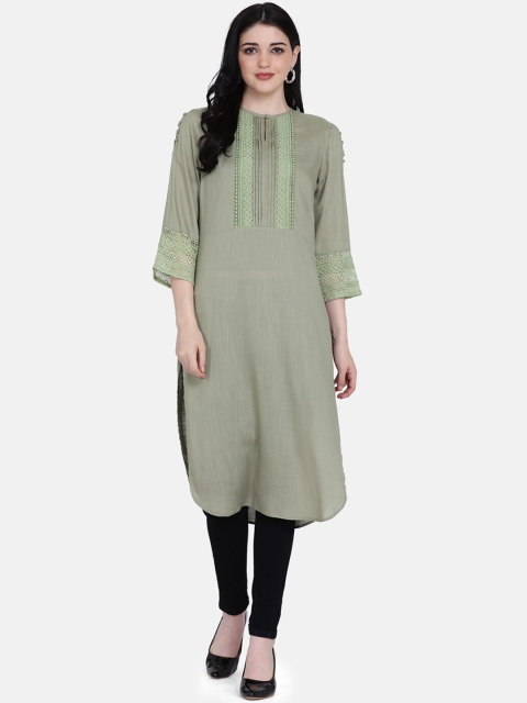 Ojjasvi Women Olive Green Yoke Design Straight Kurta