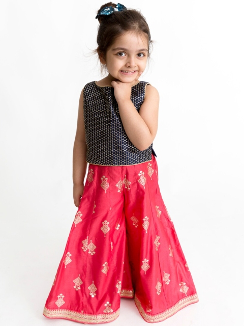 Lil Peacock Girls Grey & Pink Printed Top with Palazzos