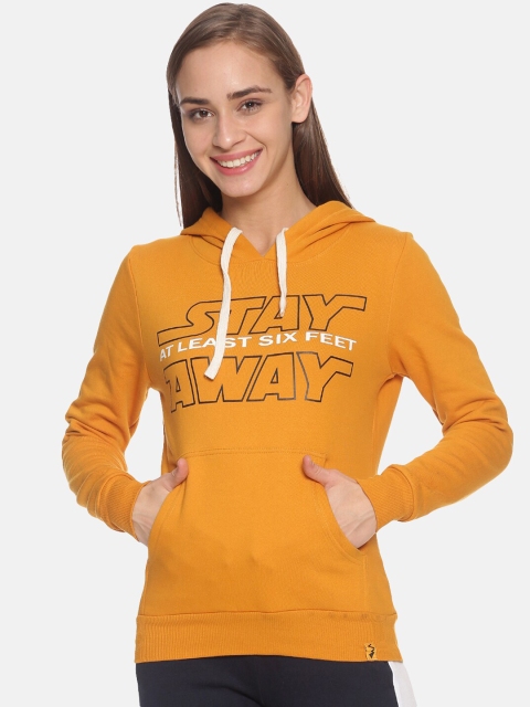 Campus Sutra Women Mustard Yellow Printed Hooded Sweatshirt