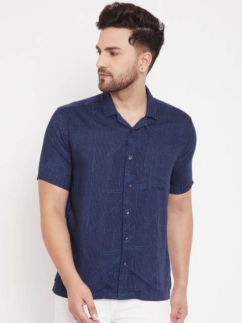 even Men Navy Blue Slim Fit Self Design Casual Shirt