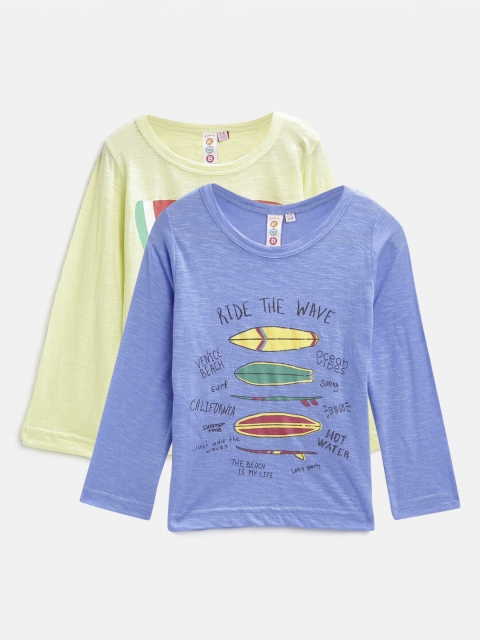 Kids On Board Girls Blue & Yellow Pack of 2 Printed Round Neck T-shirt