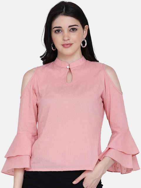 Eavan Women Pink Self Design Bardot Pure Cotton Top