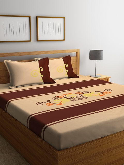 eyda Beige & Brown Striped 260 TC Cotton 1 King Bedsheet with 2 Pillow Covers