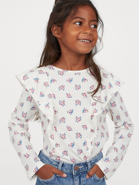 H&M Girls White & Blue Floral Print Flounce-Trimmed Jersey Top