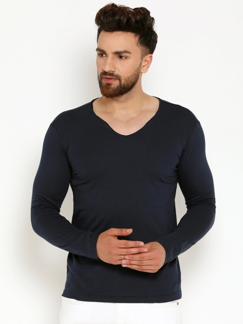 GESPO Men Blue Solid V-Neck T-shirt