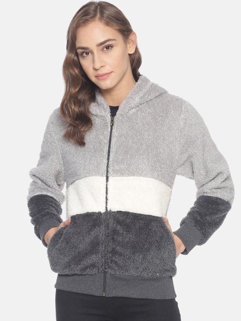Campus Sutra Women Grey Colourblocked Windcheater Padded Jacket