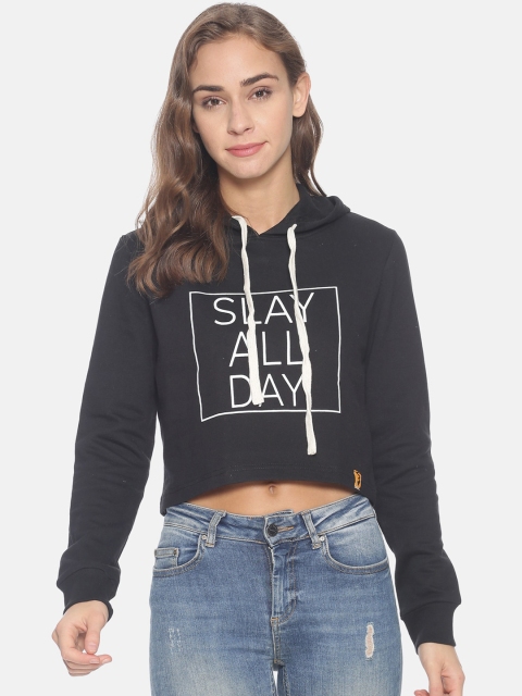 Campus Sutra Women Black Printed Hooded Sweatshirt
