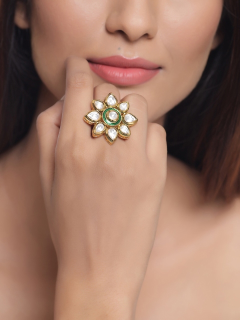 Tistabene Gold-Plated & White Traditional Kundan Meena Cocktail Finger Ring