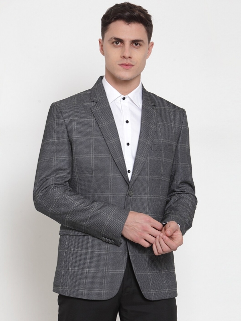 MAXENCE Men Grey Checked Slim-Fit Single-Breasted Formal Blazer