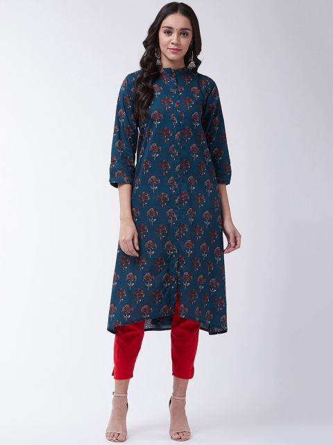 InWeave Women Navy Blue & Maroon Floral Print Straight Kurta