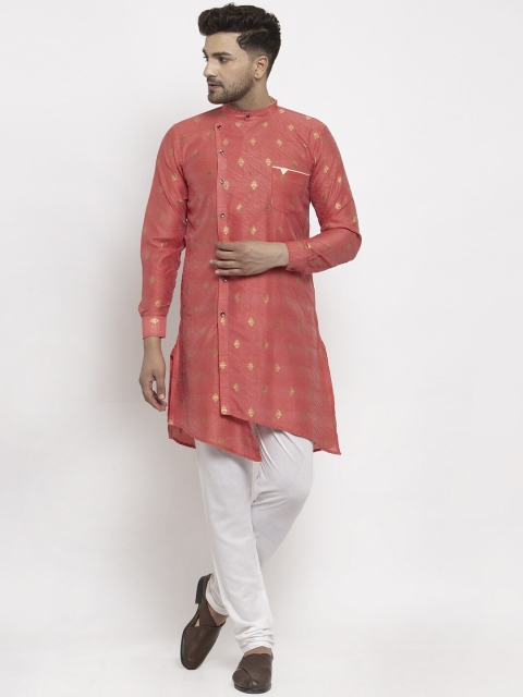 KLOTTHE Men Peach-Coloured & Gold-Coloured Woven Design A-Line Kurta