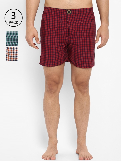 Joven Men Pack Of 3 Checked Pure Cotton Boxers, Red