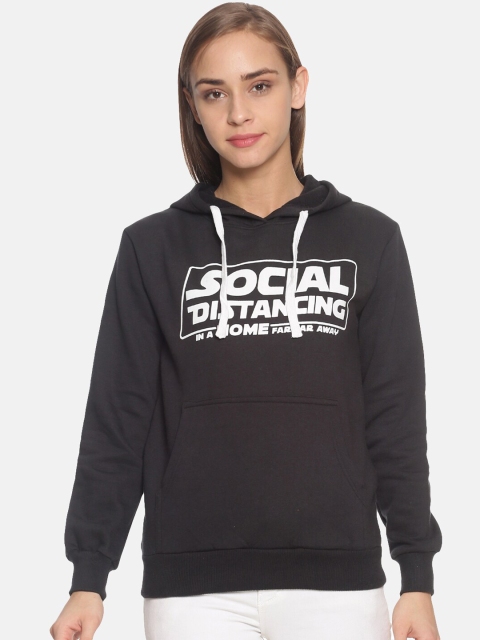 Campus Sutra Women Black Printed Hooded Sweatshirt