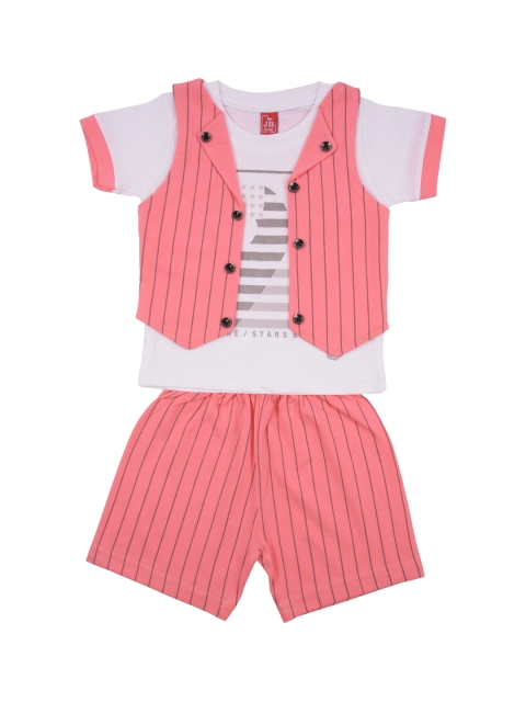 Jb Club Infant Girls Pink & White Printed T-shirt & Waist Coat with Shorts Set