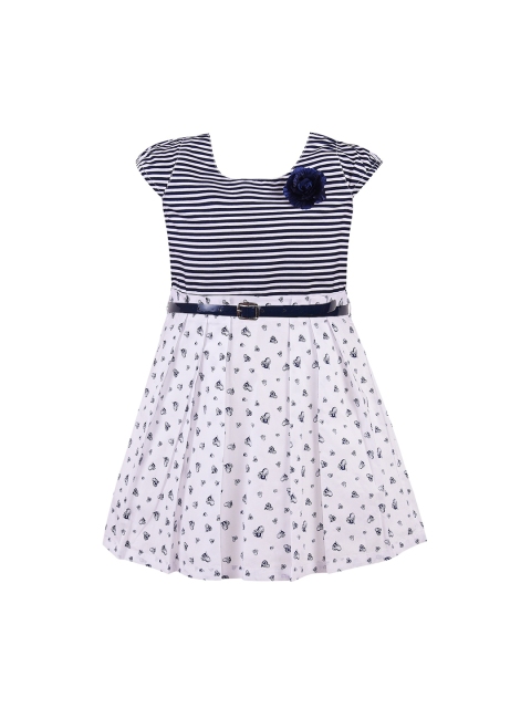 Wish Karo Girls White & Navy Blue Printed Fit and Flare Dress