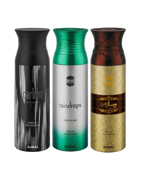 Ajmal Unisex Pack of 3 Carbon & Raindrops & Wisal Dahab Deodorant Spray - 200 ml each, Multi