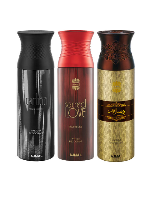 Ajmal Unisex Pack of 3 Carbon & Sacred Love & Wisal Dahab Deodorant - 200 ml each, Multi
Ajmal Unisex Pack of 3 Carbon & Sacred Love & Wisal Dahab Deodorant - 200 ml each, Multi