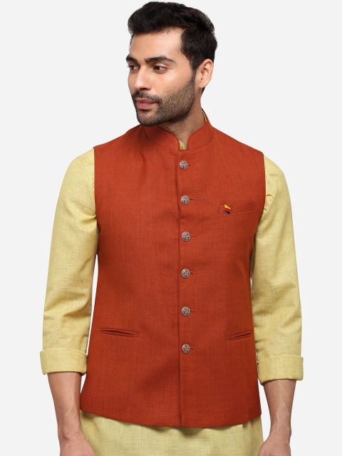 Greenfibre Men Rust Orange Solid Nehru Jacket