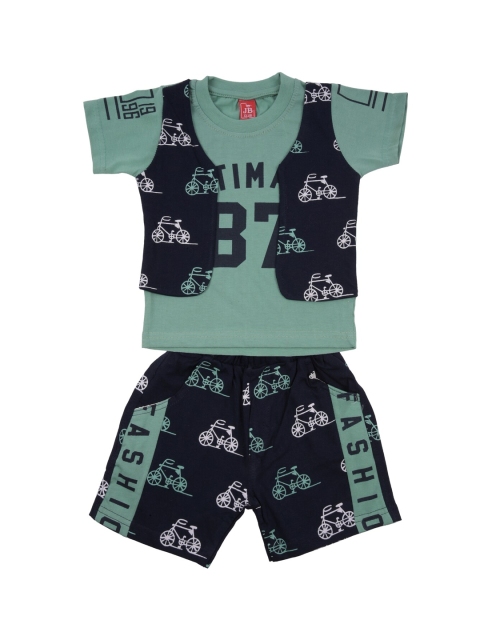 Jb Club Infant Boys Green & Black Printed T-shirt & Waist Coat with Shorts Set