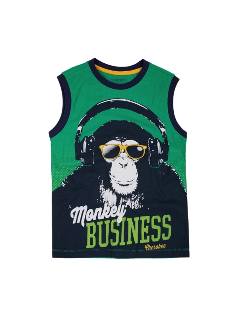Cherokee Boys Green Printed Round Neck T-shirt