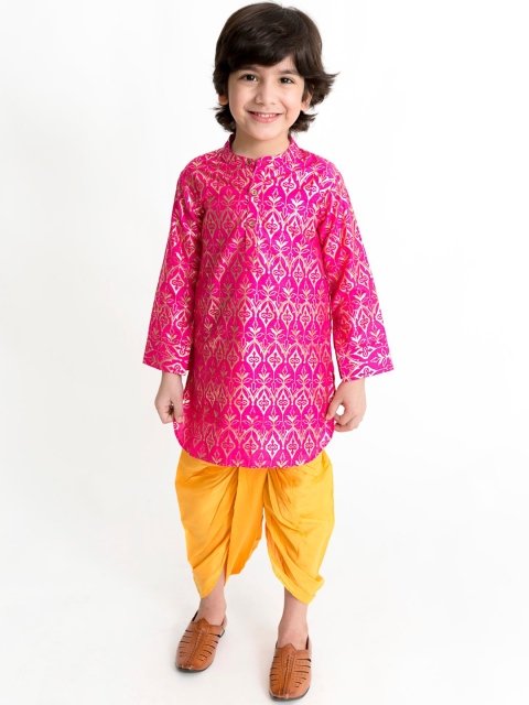 Lil Peacock Boys Fuchsia Pink & Yellow Printed Kurta with Dhoti Pants