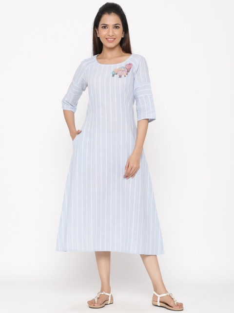 Jaipur Kurti Women Blue Striped A-Line Dress
