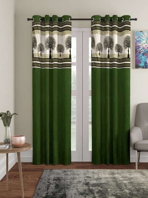 VRINDA Green & Off-White Set of 2 Long Door Curtains